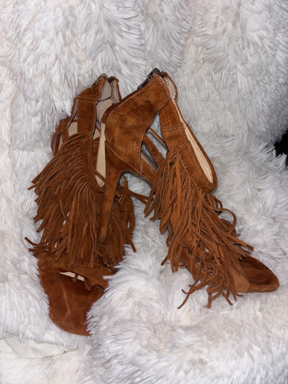 Steve Madden Brown Fringe Suede High Heel Sandals